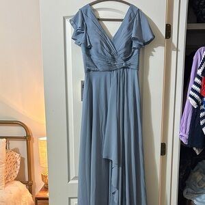 Dusty Blue Ruffle-Sleeve Wrap Maxi Dress